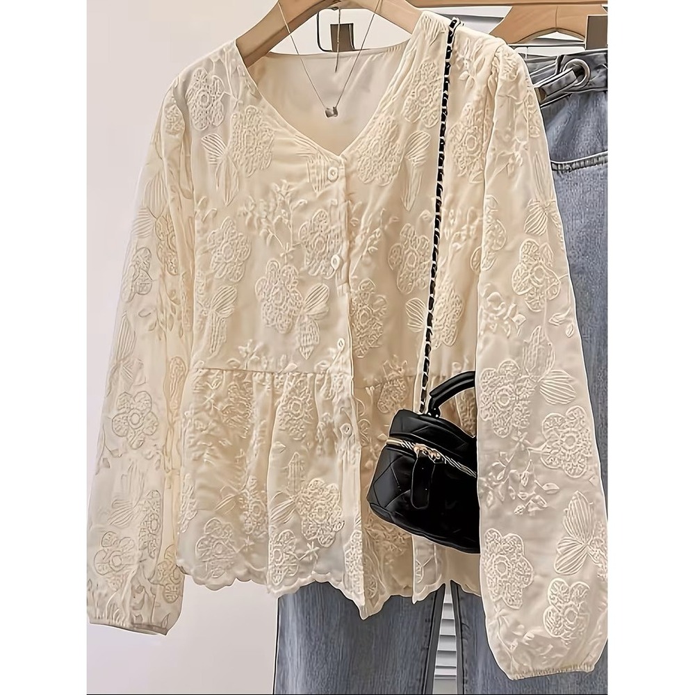 Unbranded Floral Embroidered Peplum Blouse Cream V-Neck Button Front NEW Sz L - Picture 1 of 2